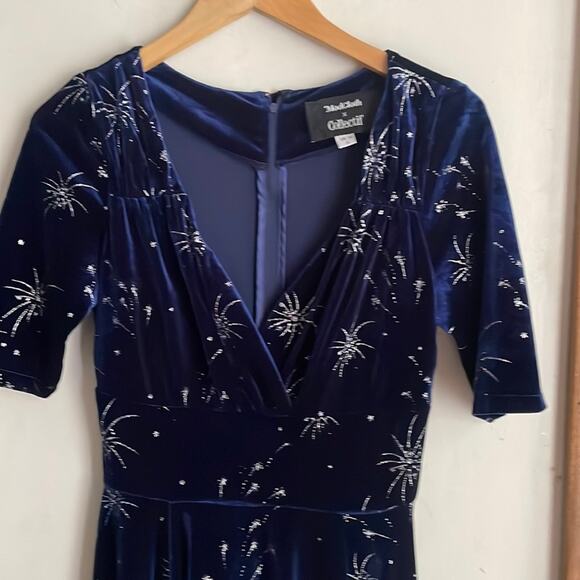 ModCloth x Collectif Vixen Match Fireworks Print Blue Velvet Midi Dress - Picture 4 of 13